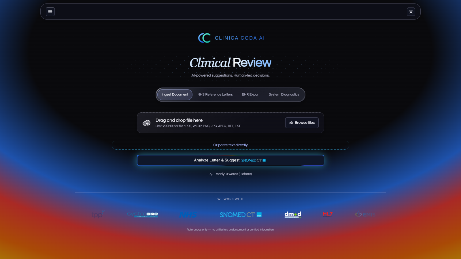 Actual Anim V8 app home page: document upload and clinical review workflow